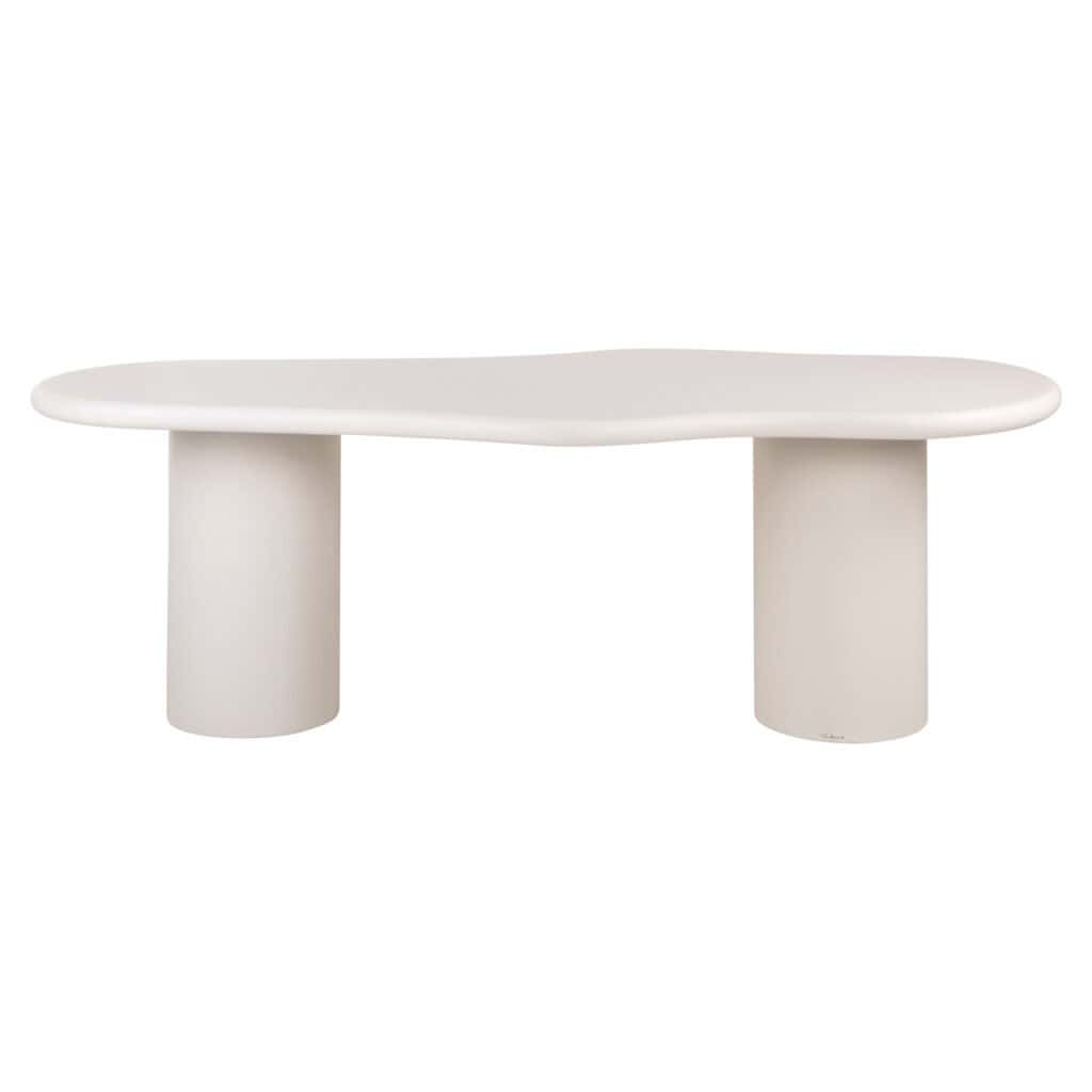 Modern white coffee table with a unique design and rounded shapes, perfect for stylish living rooms.