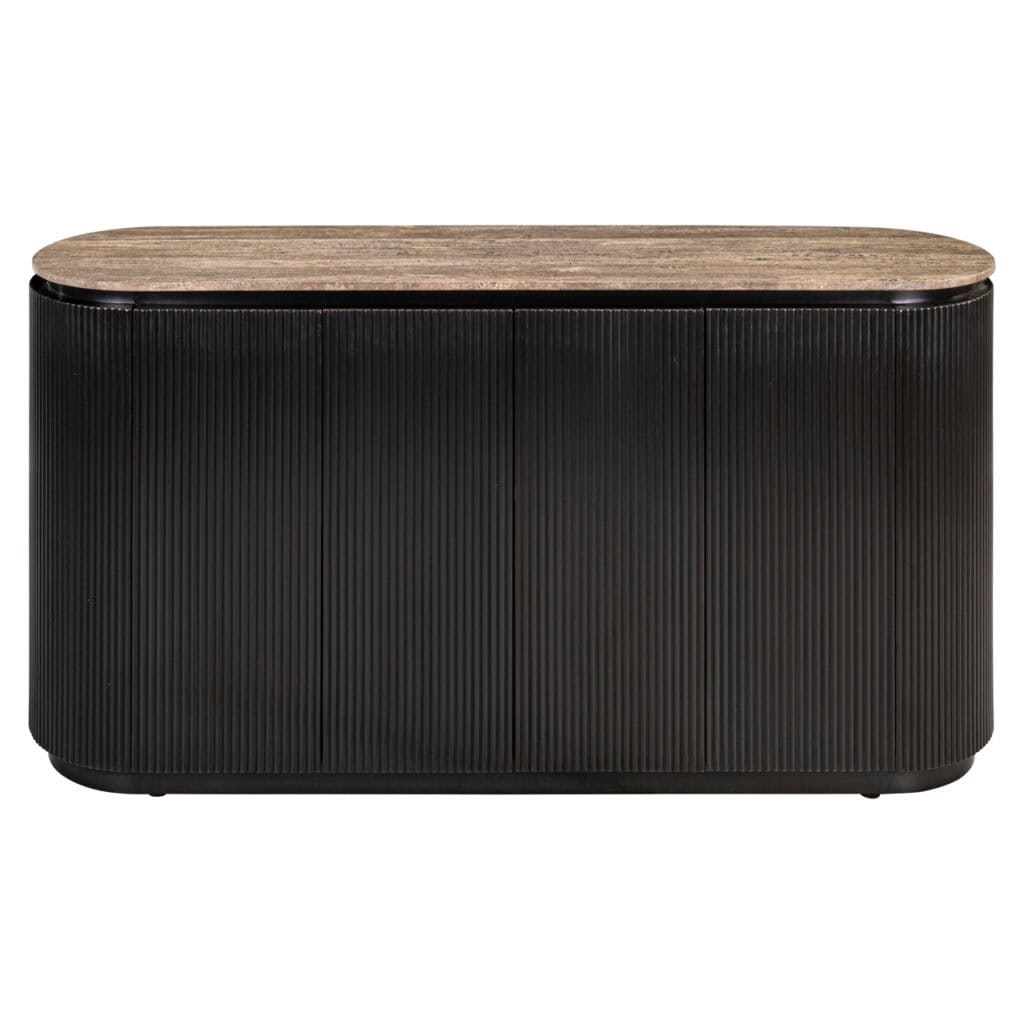 Modern wooden and black sideboard with a ribbed pattern for stylish interior decoration.