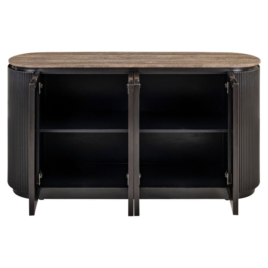 Modern wooden and black sideboard with open doors and storage space.