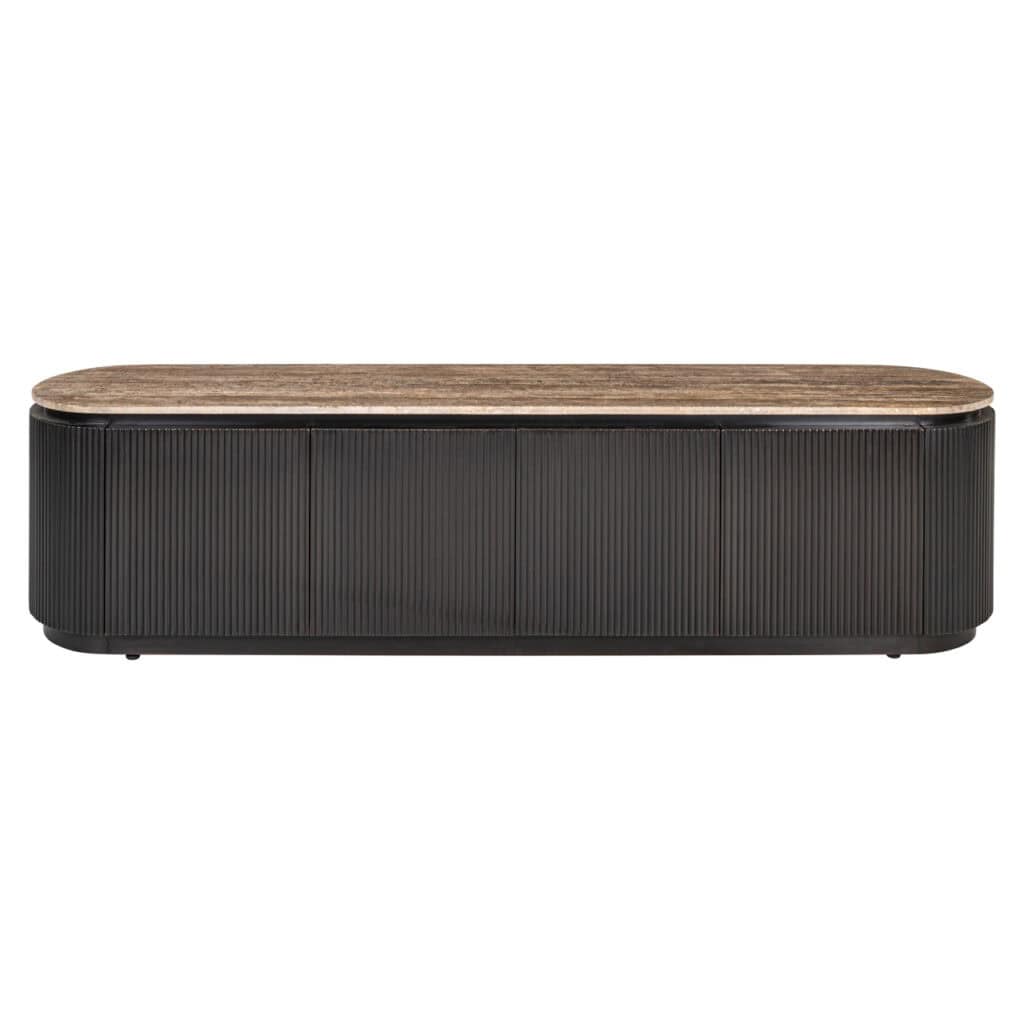 Black and wood coffee table with a modern design, perfect for stylish living rooms.