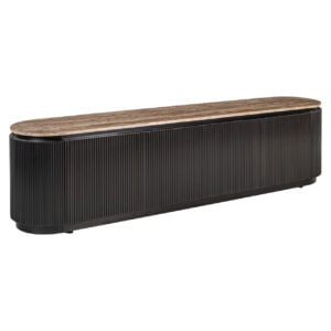 Elegant zwart houten dressoir met rustiek houten bovenblad, perfect voor modern interieur.