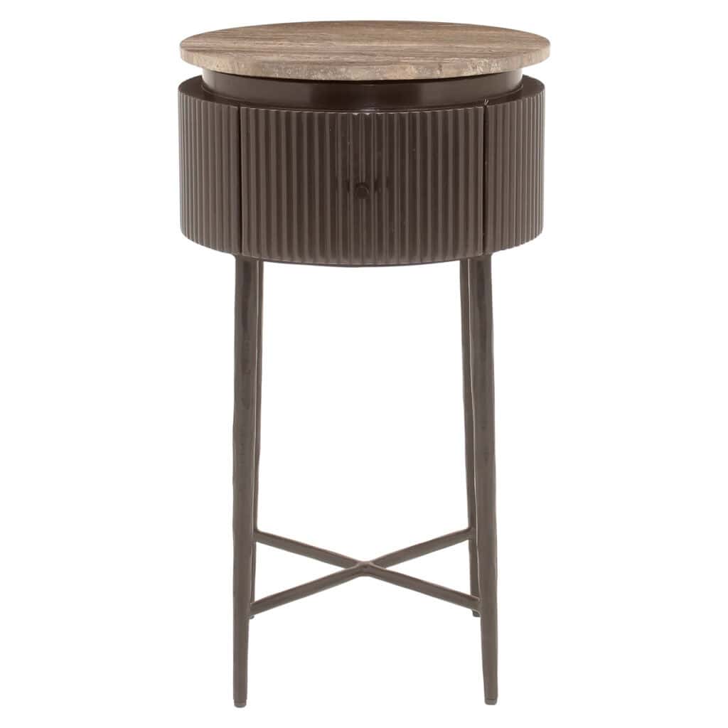 Modern wooden side table with metal legs and a round wooden top.