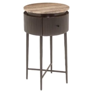Modern wooden side table with a drawer and metal legs for the living room or bedroom.