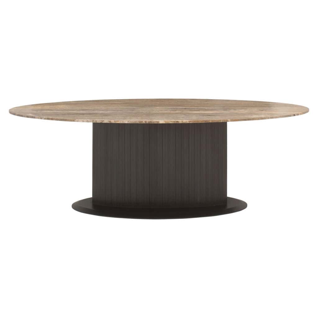 Modern dining table with a wooden top and black base, perfect for stylish interiors.