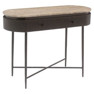 Modern console table with a wooden top and black metal frame for interior use.