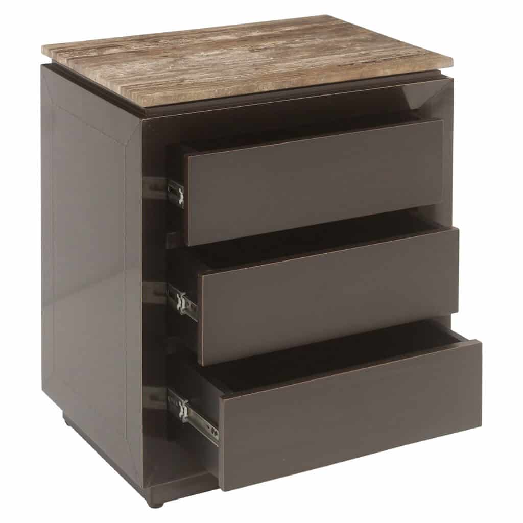 Commode moderne à trois tiroirs avec plateau en bois, idéale pour la décoration d'intérieur.