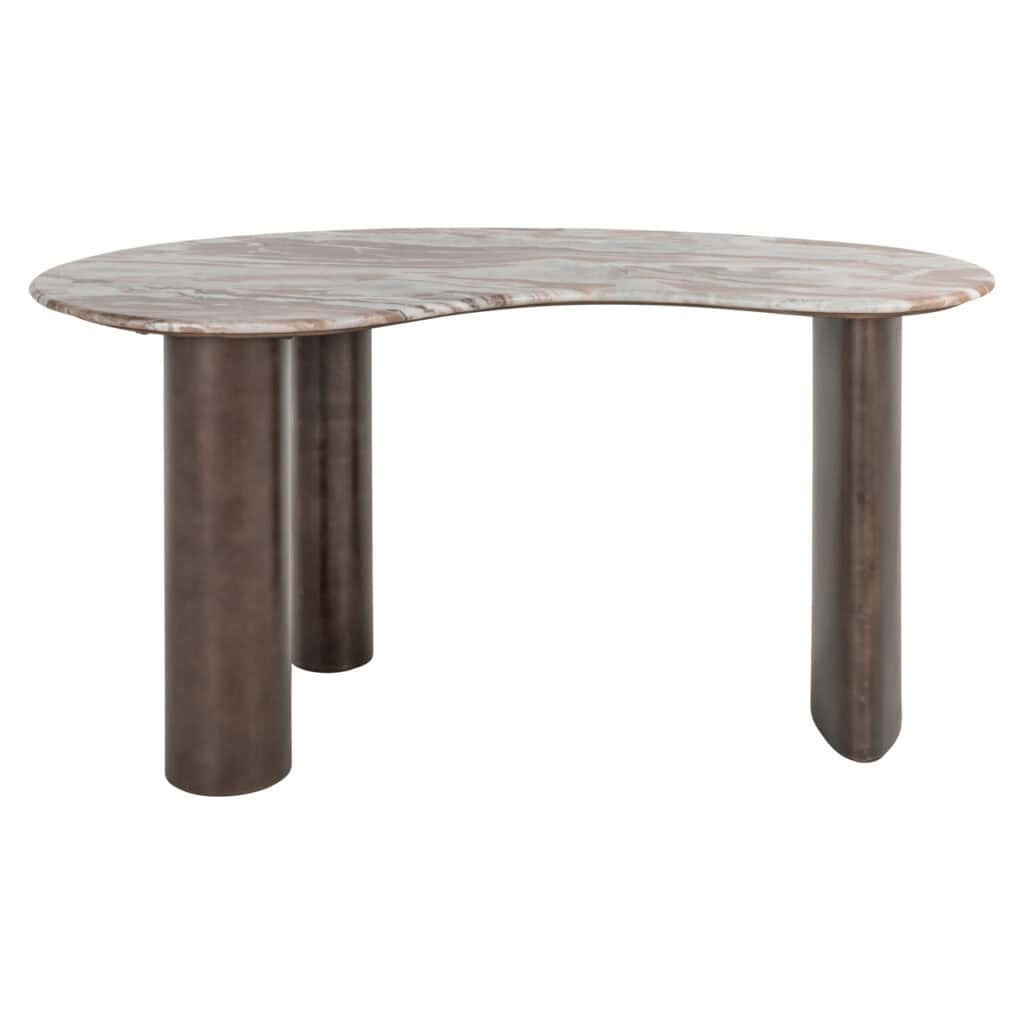 Moderne eettafel met marmeren blad en metalen poten, stijlvol en duurzaam.