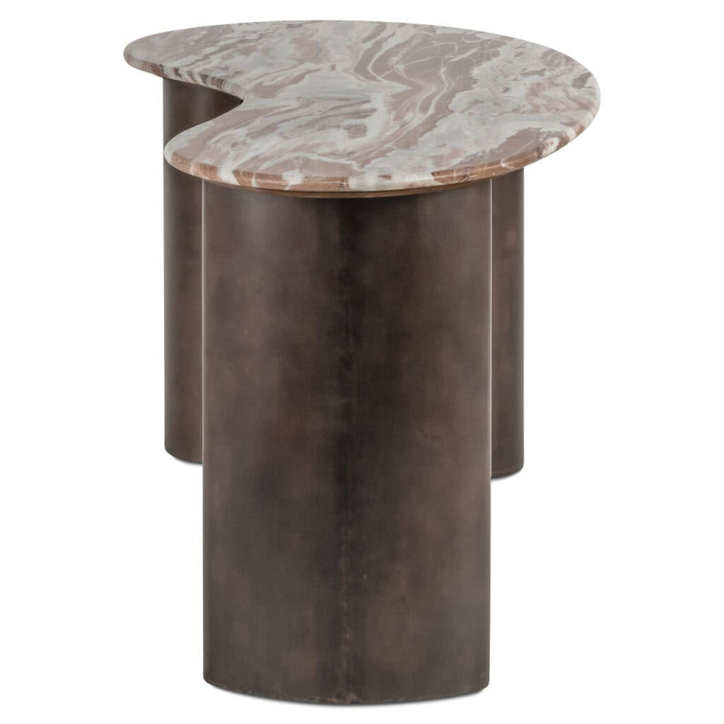 Ronde bijzettafel met marmeren blad en metalen onderstel, modern design.