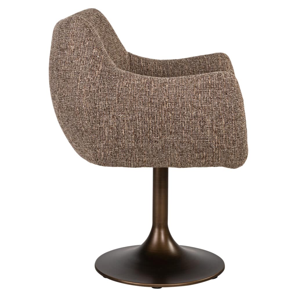 Swivel chair with fabric upholstery and a round black base—modern and comfortable.