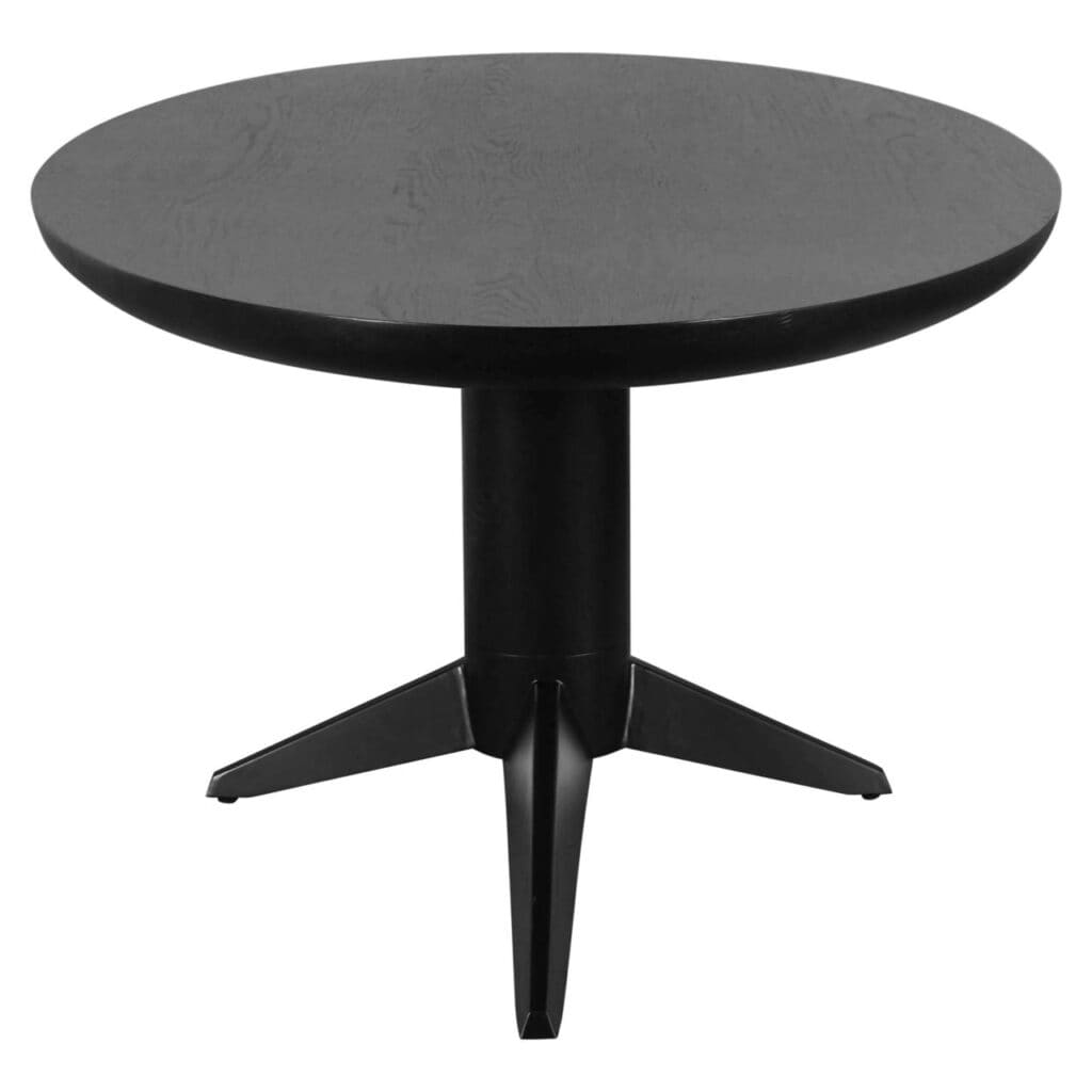 Petite table d'appoint moderne noire avec un plateau rond et trois pieds, idéale pour les intérieurs élégants.