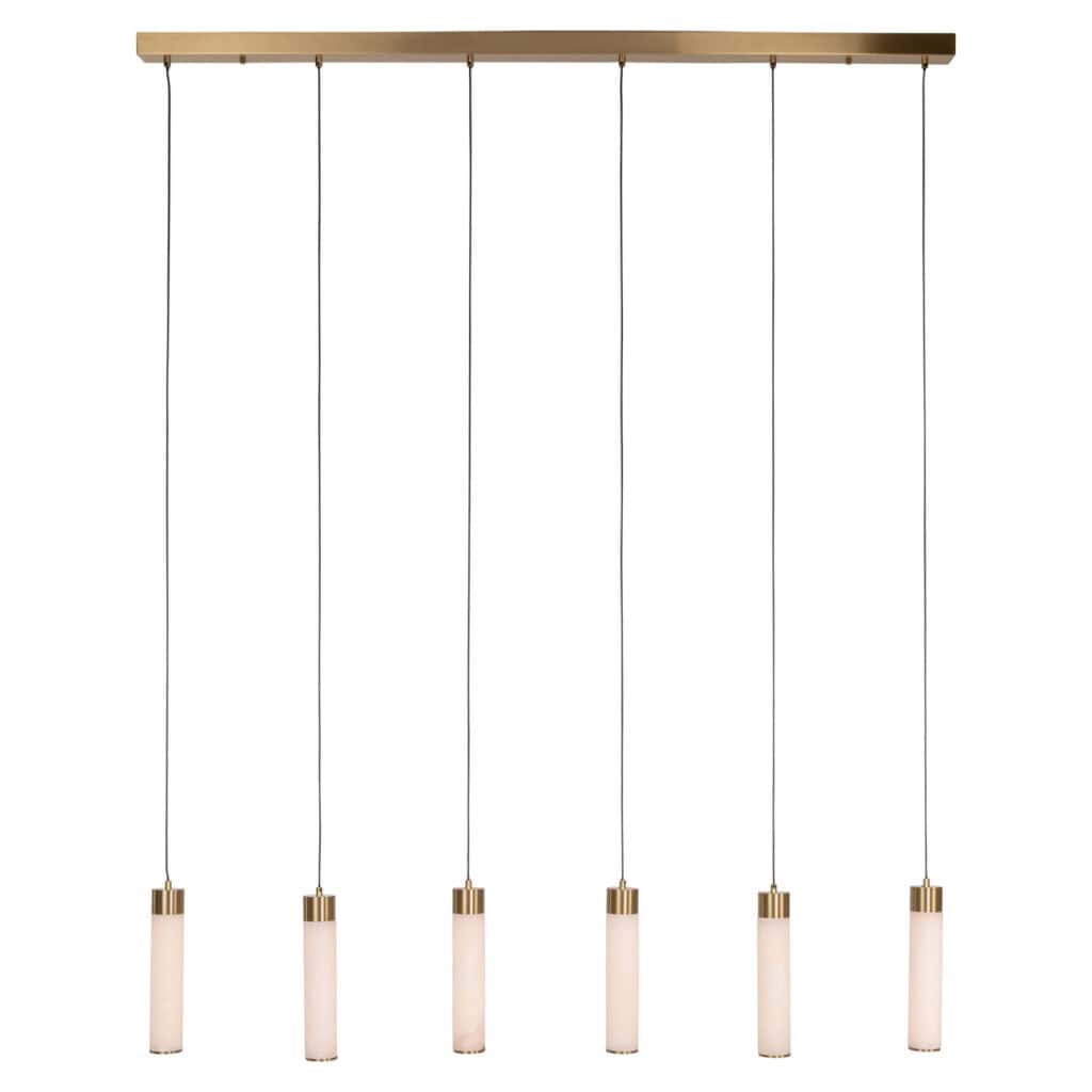 Luxe hanglamp met zes LED-lichtbronnen en houten plafondmontage, modern design voor stijlvolle inter.