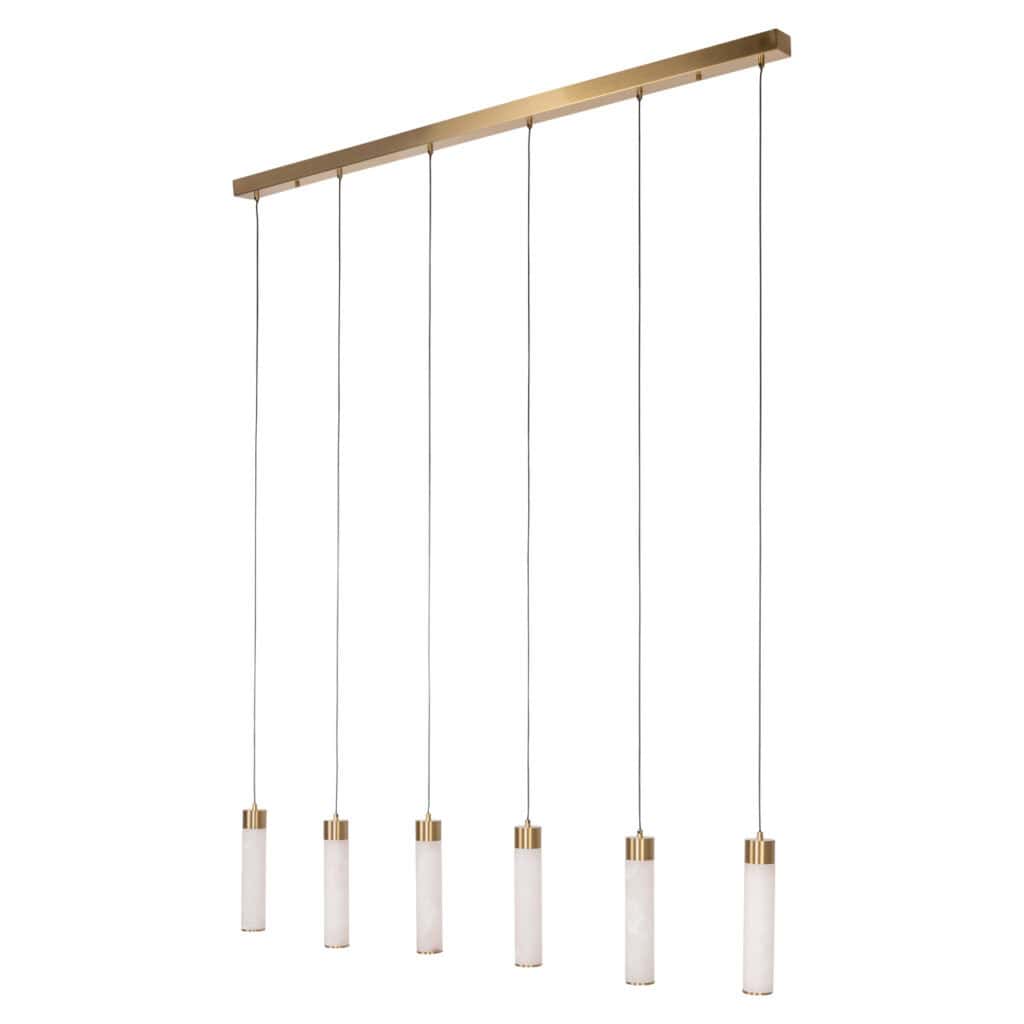 Moderne hanglamp met zes verticale lampen en houten plafondmontage voor stijlvolle verlichting.
