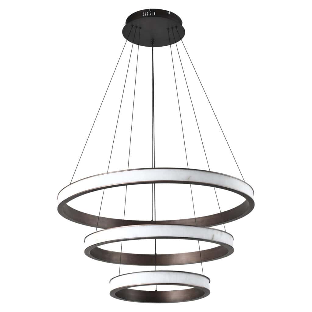 Luxurious modern pendant light with multiple circles and LED lighting, perfect for contemporary interior design.
