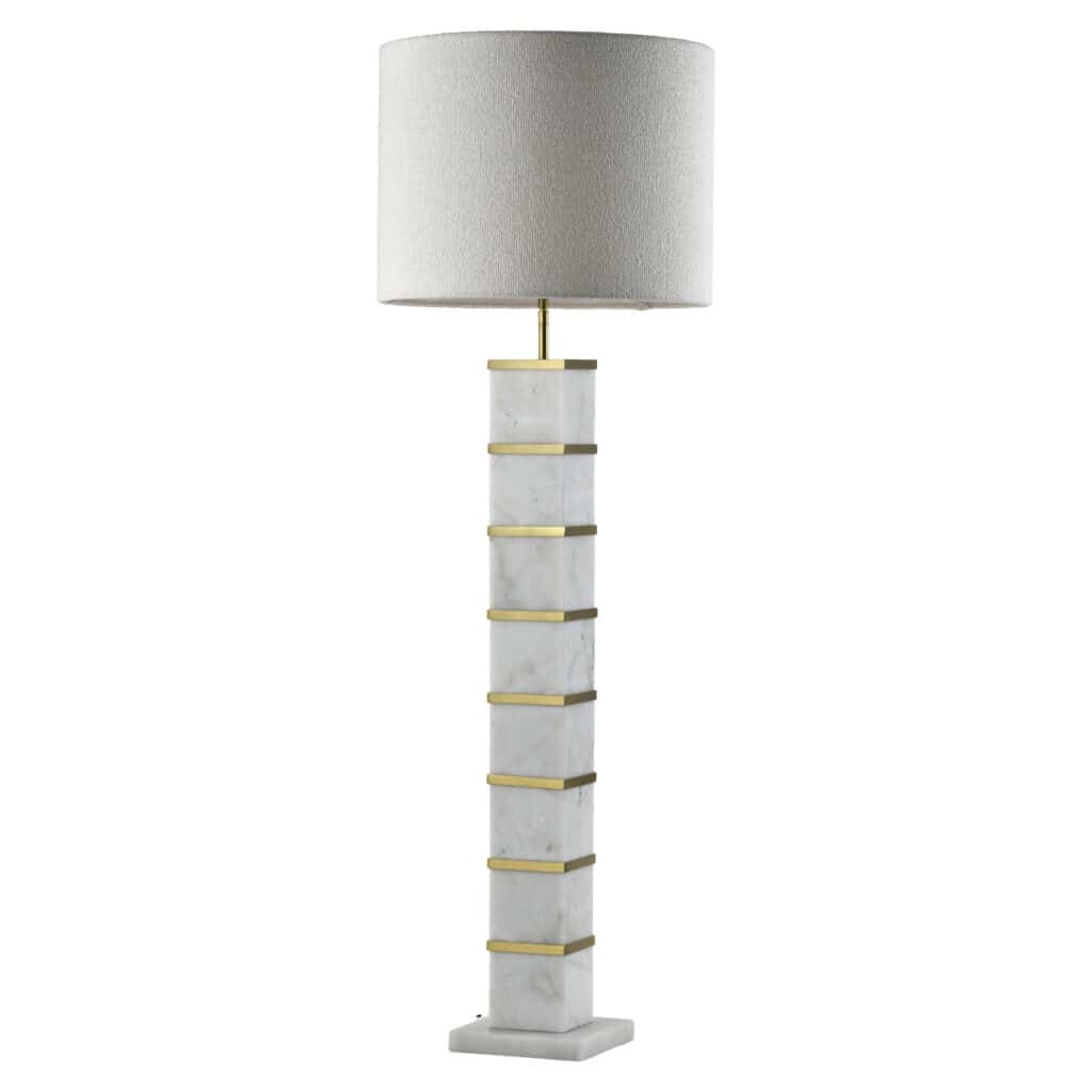 Modern floor lamp with a white marble base and a large fabric shade; an elegant design for the living room.