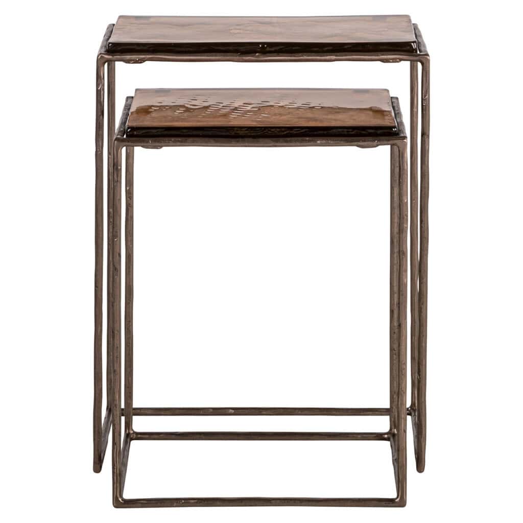 Set aus zwei Beistelltischen aus Holz mit Metallgestell, modernes und stilvolles Design.