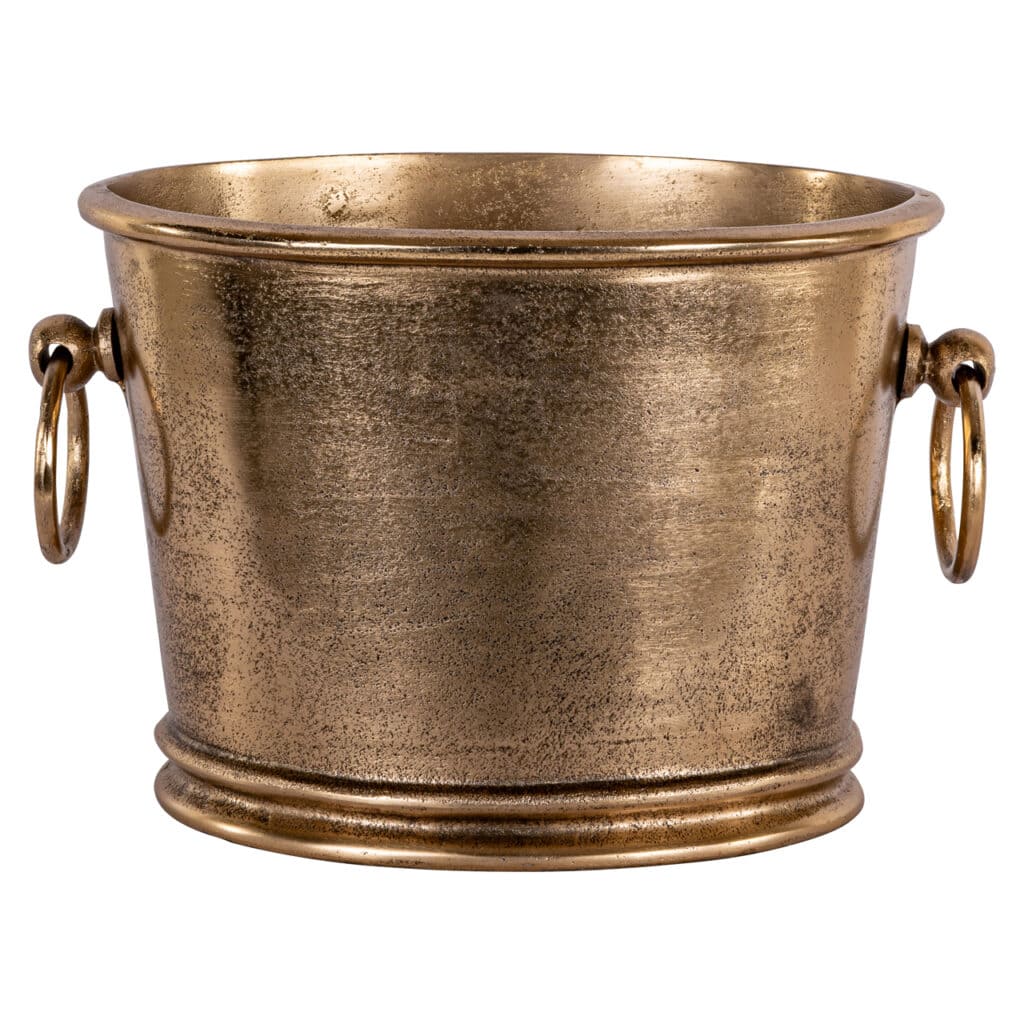 Gouden metalen plantenbak met handvatten, perfect voor interieur- en tuindecoratie.