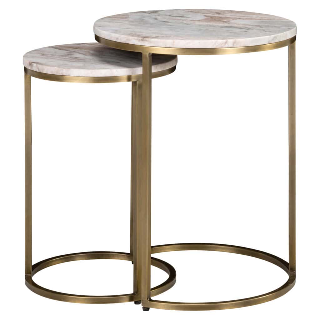 Modern side tables with marble tops and gold-colored metal frames.