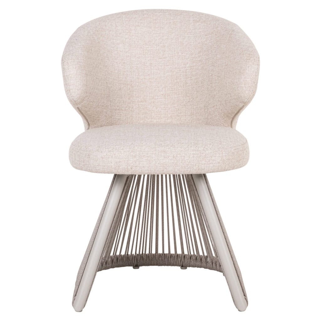 Moderner beiger Polstersessel mit legs dekorativem Schnurdesign.