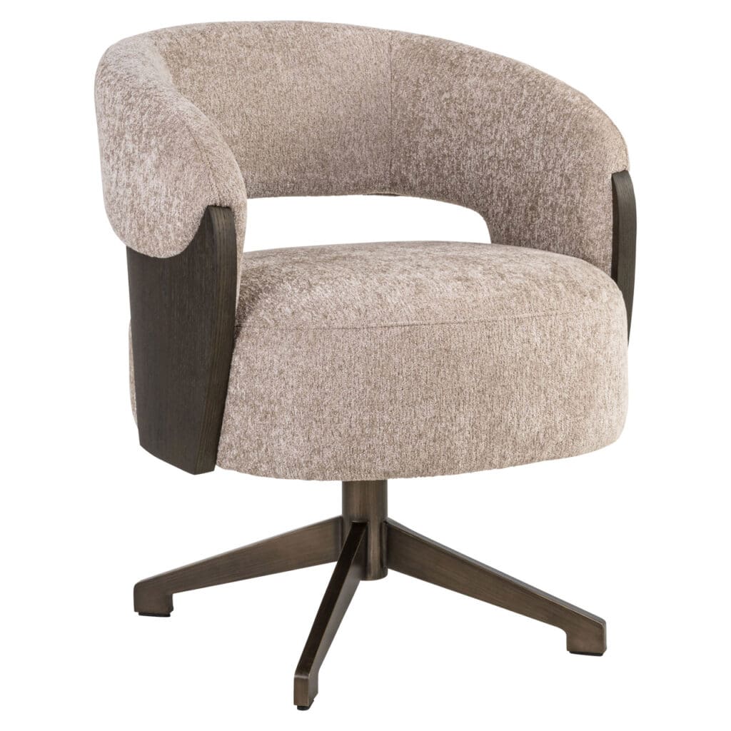 Modern office chair with soft upholstery and wooden armrests.