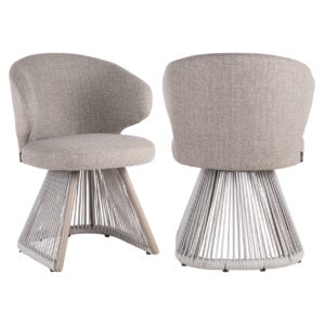 Moderne beige gestoffeerde eetkamerstoelen met metalen draadonderstellen voor een eigentijdse uitstr.