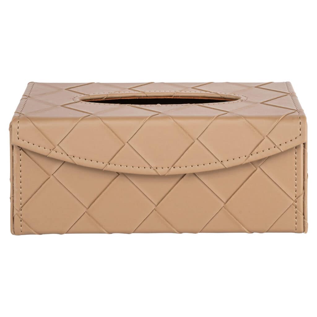 Luxury beige leather tissue holder with a quilted pattern for an elegant interior.