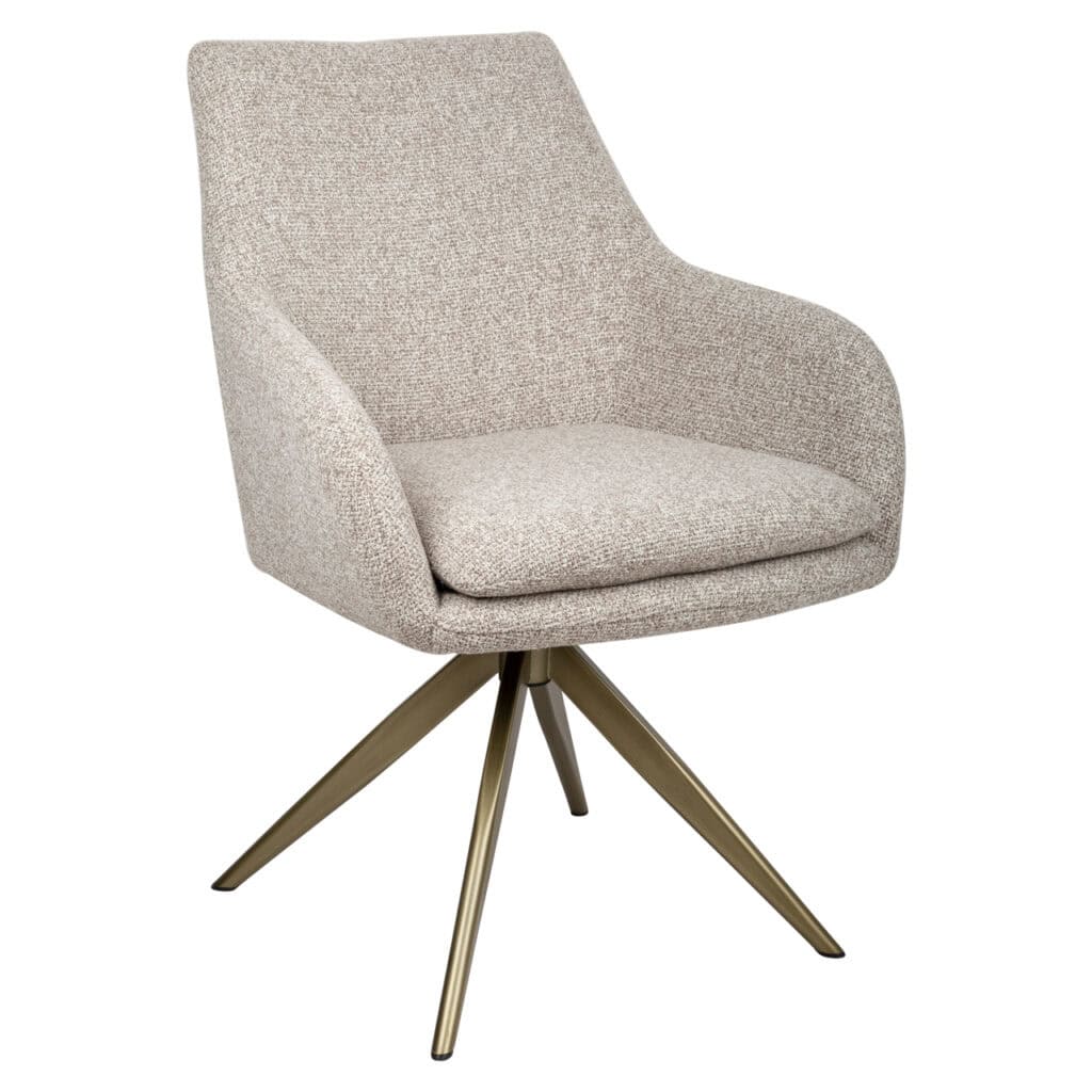 Modern beige upholstered armchair with wooden legs and a swivel base.