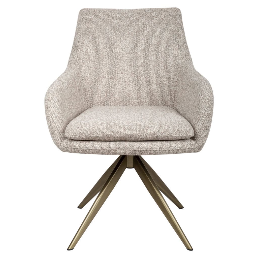 Modern beige upholstered armchair with wooden legs, perfect for interior design.