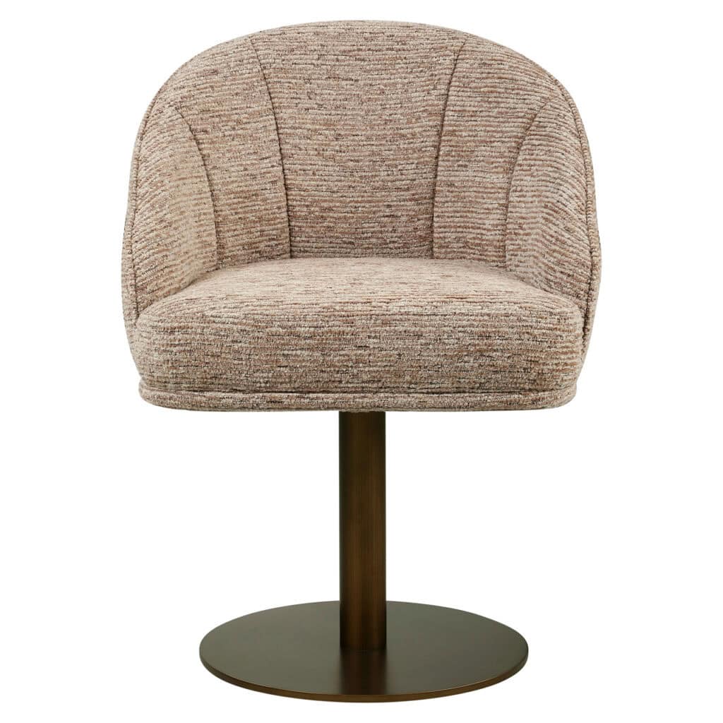 Chaise pivotante avec revêtement en tissu, assise arrondie et piètement en bois pour une assise confortable.