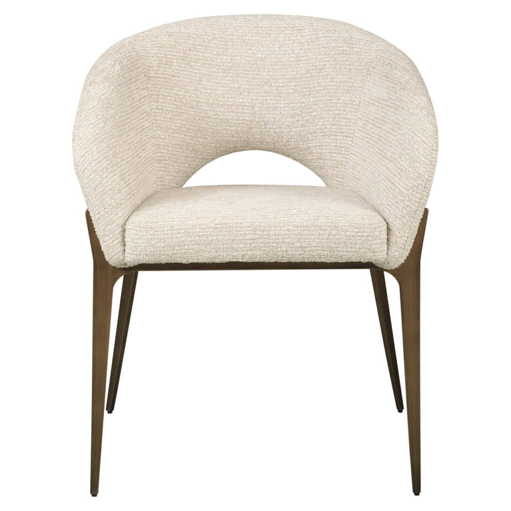 Moderner, beige gepolsterter Esszimmerstuhl mit Holzbeinen.