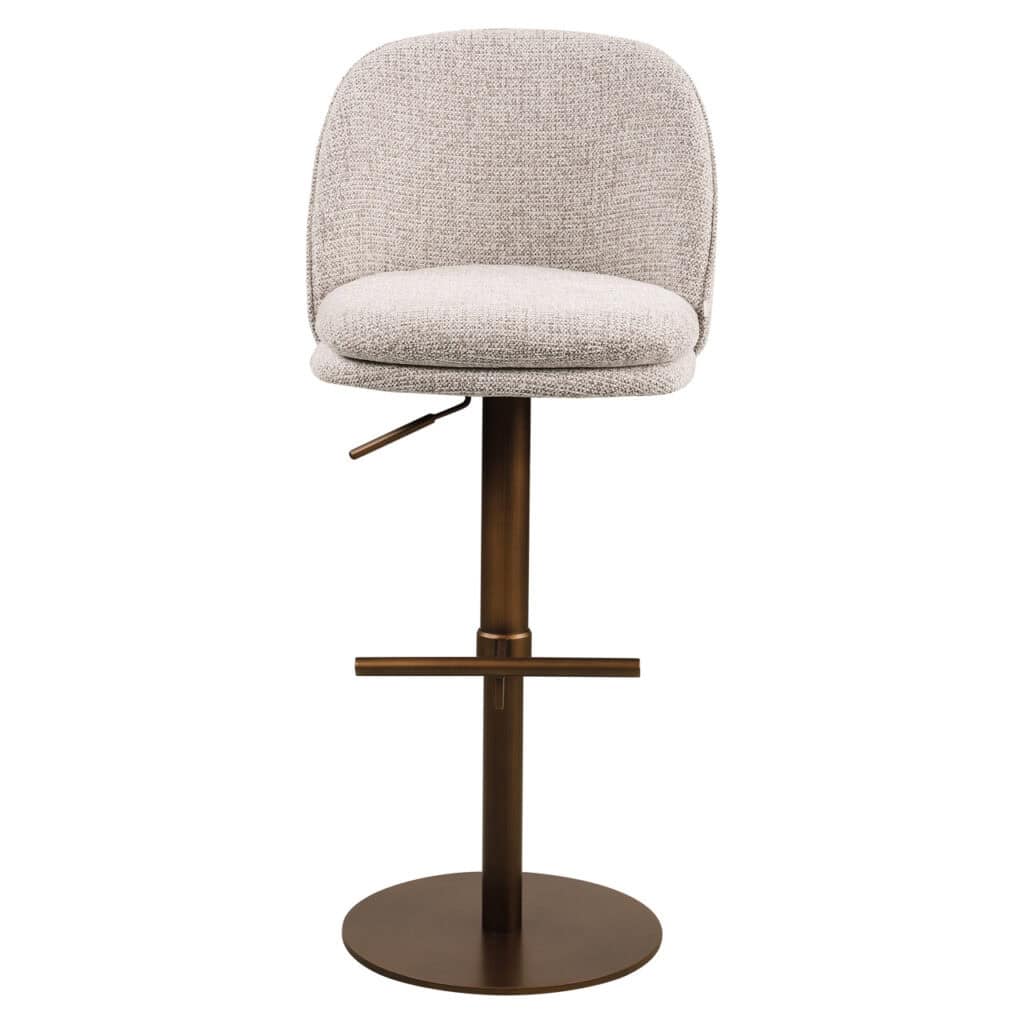 Barhocker mit beigem Stoffbezug und höhenverstellbar.