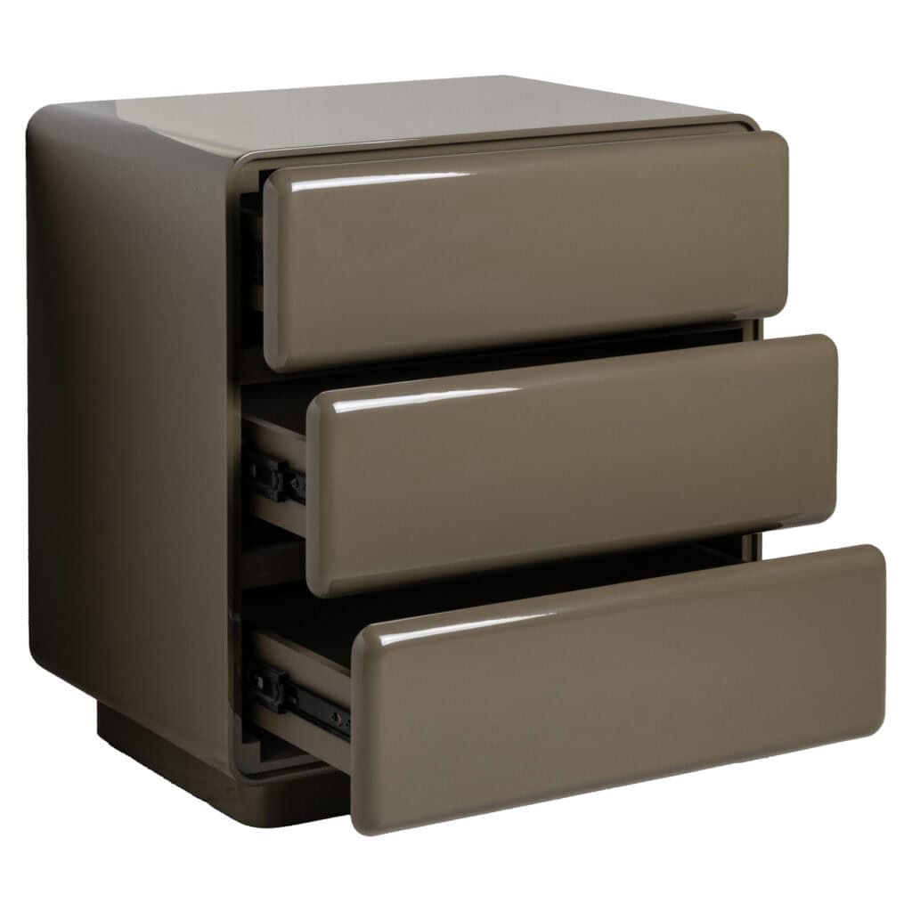 Chevet moderne Chevet trois tiroirs, couleur taupe, idéale pour un rangement élégant dans la chambre à coucher.