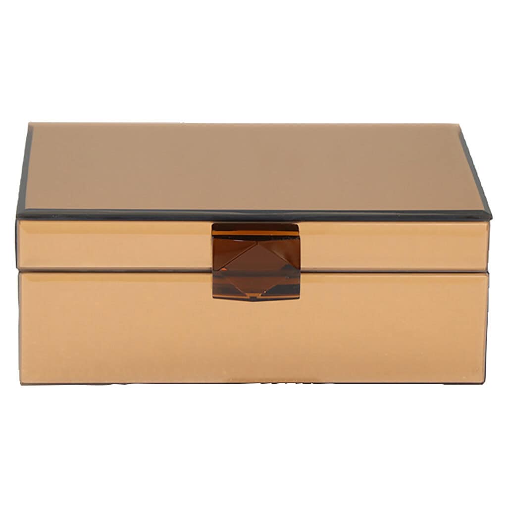 Luxurious gold-colored jewelry box with a mirror and elegant finish.