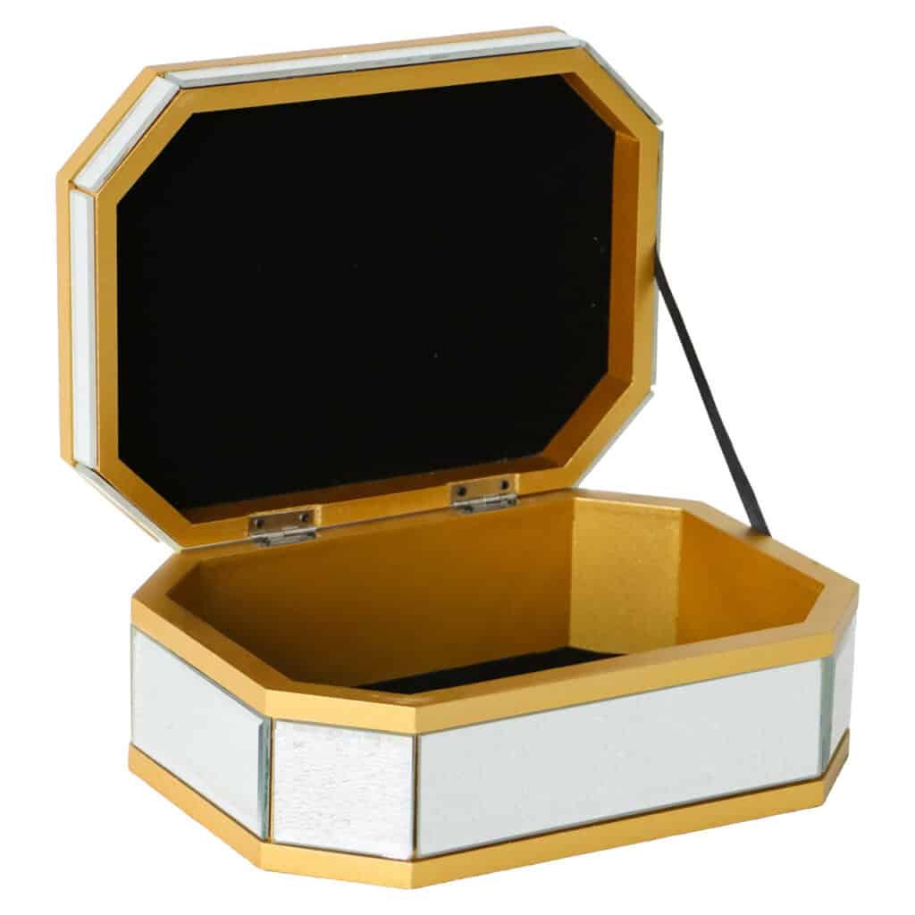 Luxe sieradenkist met gouden rand en spiegel, perfect voor het opbergen van sieraden.