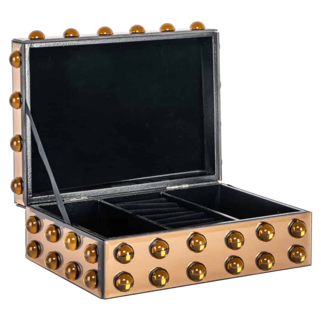 Luxury makeup storage box with a mirror and compartments for jewelry and accessories.
