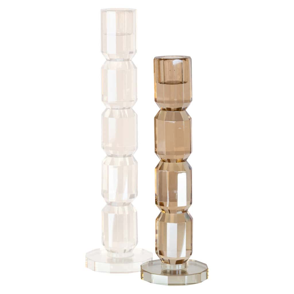 Luxe glazen kandelaars in helder en amberkleurig glas, modern design voor stijlvolle interieurdecora.