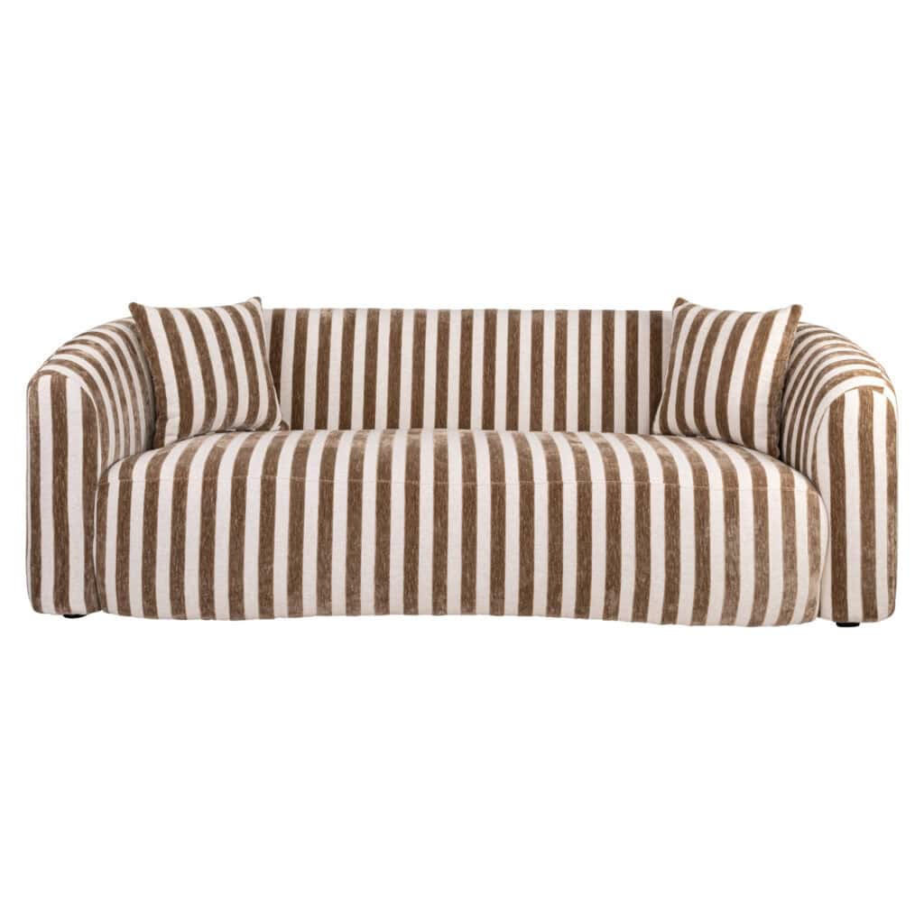 Elegante gestreepte bank in beige en bruin met comfortabele kussens, perfect voor modern interieur.