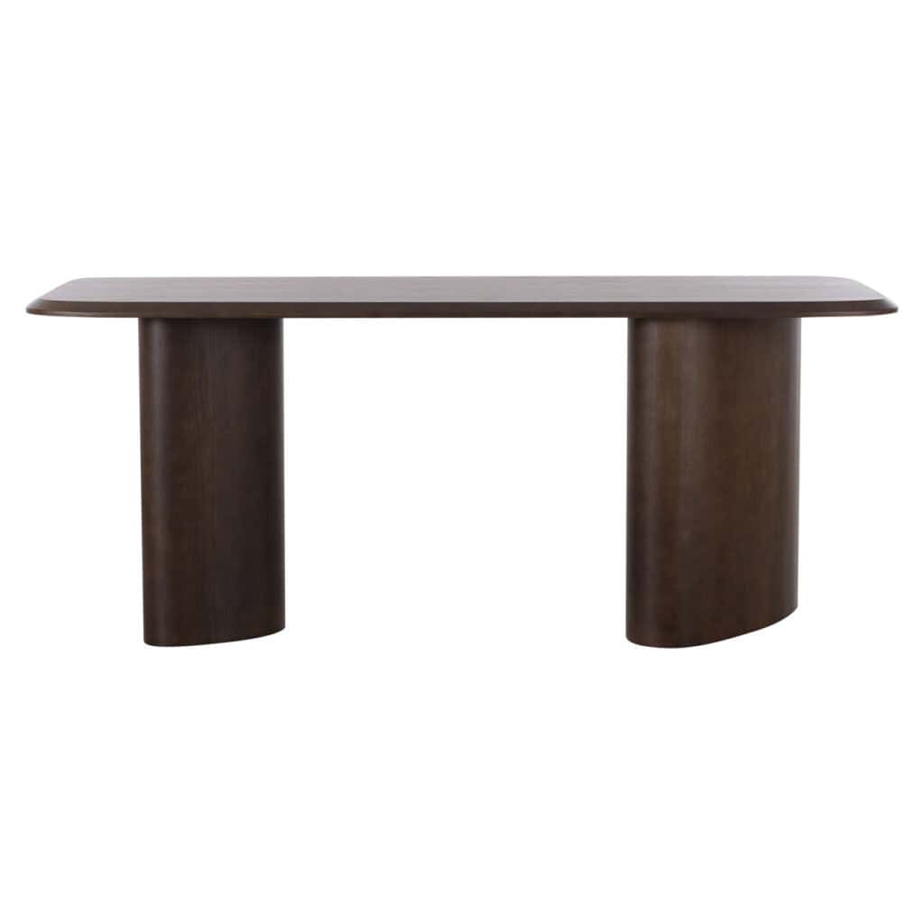 Moderne houten eettafel met ronde poten, perfect voor stijlvolle eetkamers.