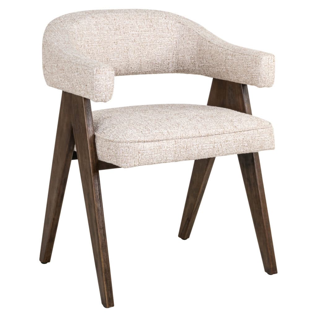 Modern beige upholstered armchair with wooden legs for an elegant interior.
