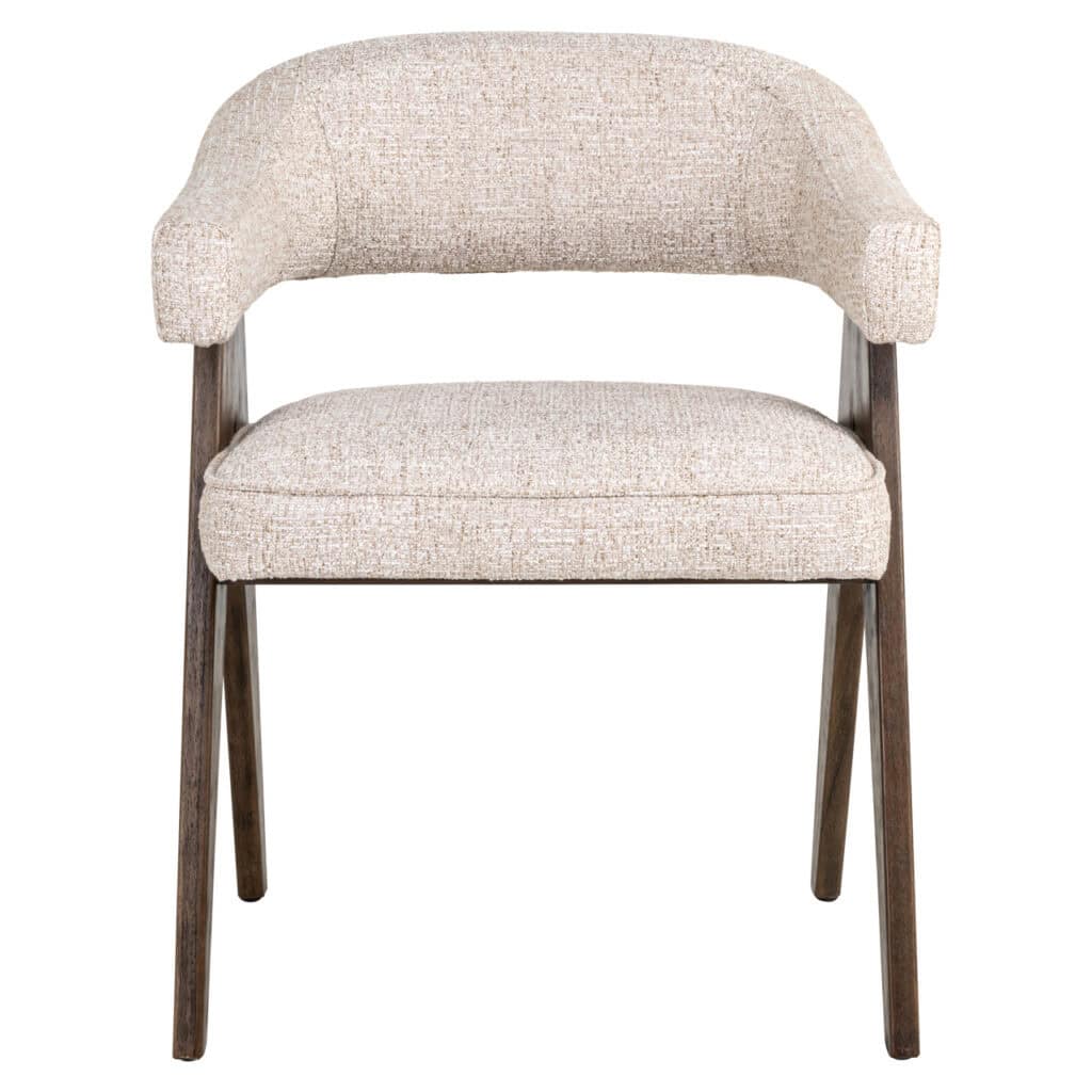 Dining chair with beige upholstery and wooden legs, perfect for a stylish and comfortable dining room.