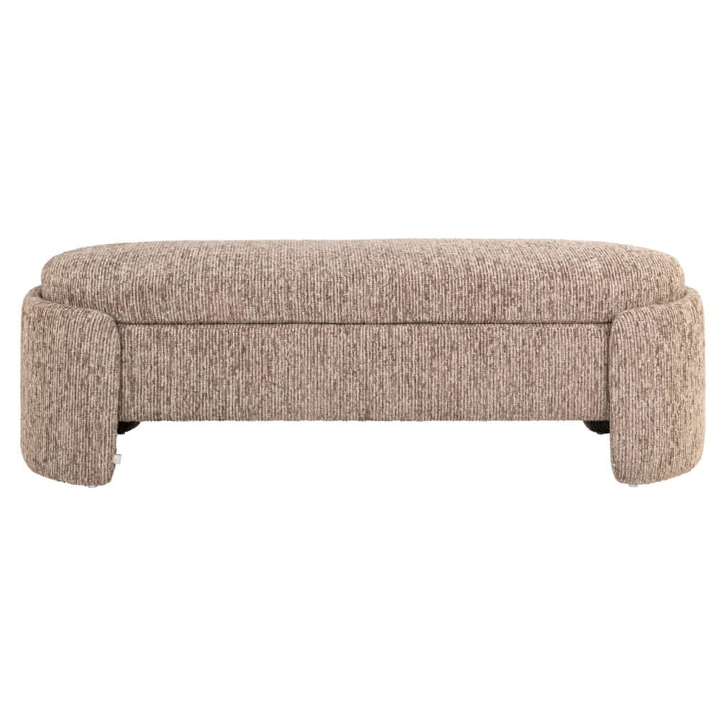 A comfortable bench with beige fabric upholstery, perfect for a modern interior.