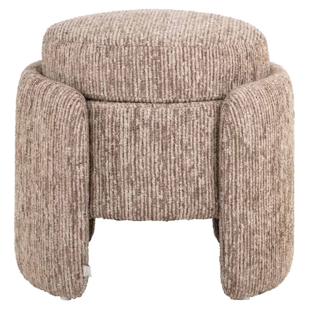 Neutrale ribstof poef, compacte en comfortabele zitplek voor modern interieur.