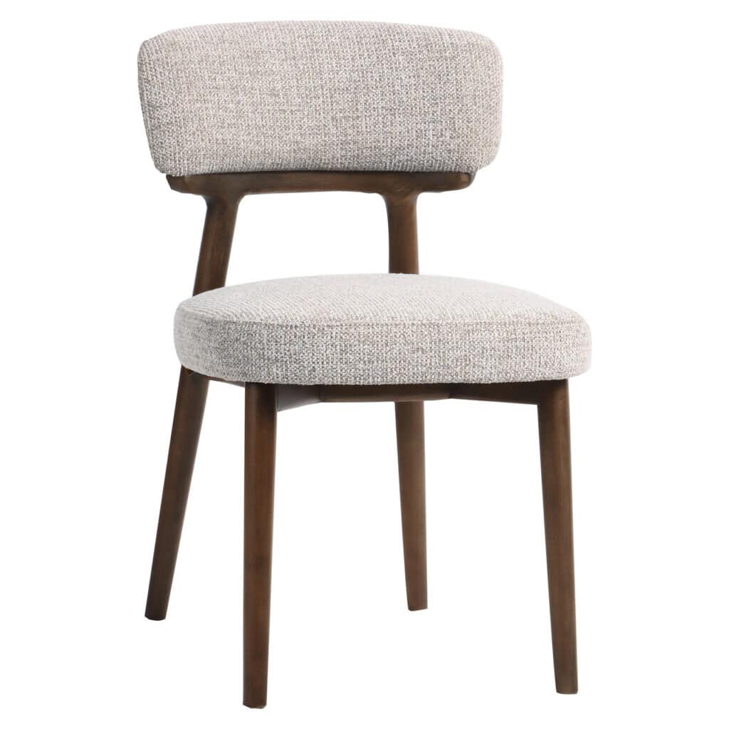 Modern beige upholstered dining chair with wooden legs, a stylish home decor accessory.