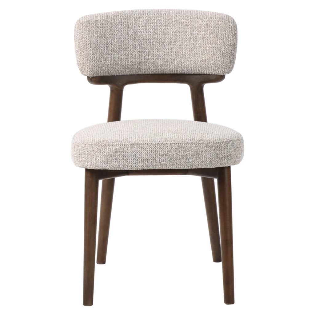 Elegant dining chair with beige upholstery and wooden legs, perfect for a modern interior.