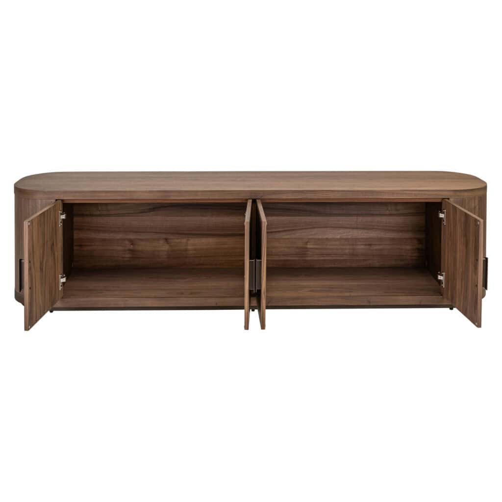 Elegant wooden TV stand with double doors and storage space, perfect for modern living rooms.