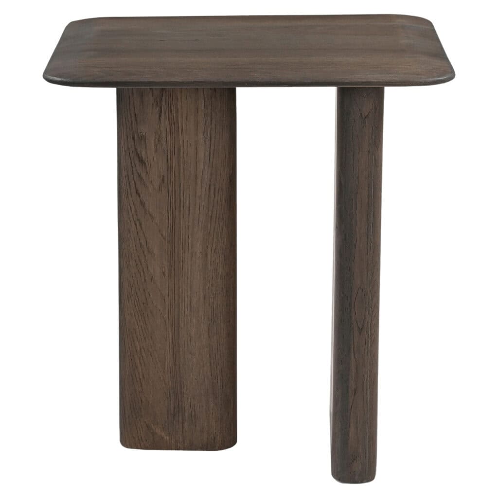 Moderner Beistelltisch aus Holz mit natürlicher Oberfläche und klaren Linien.