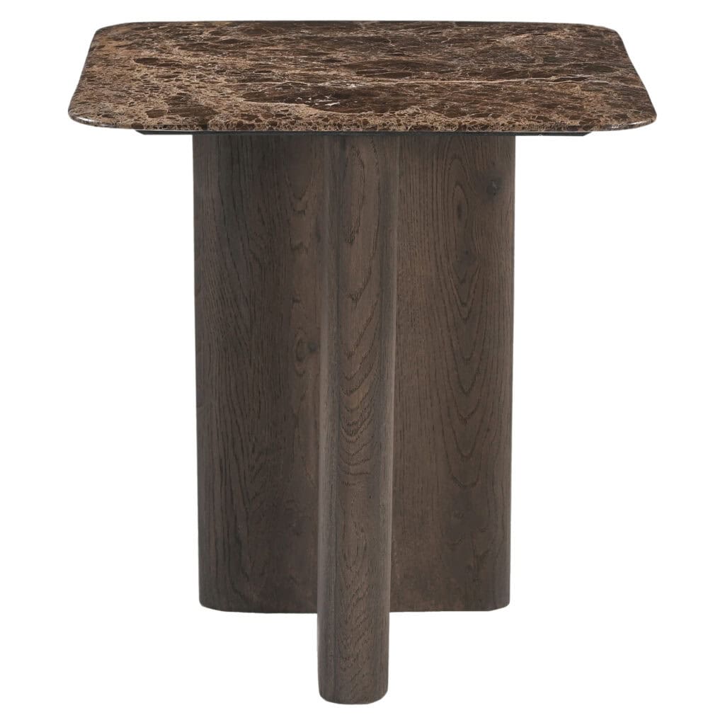 Wooden side table with a marble top for modern interiors.