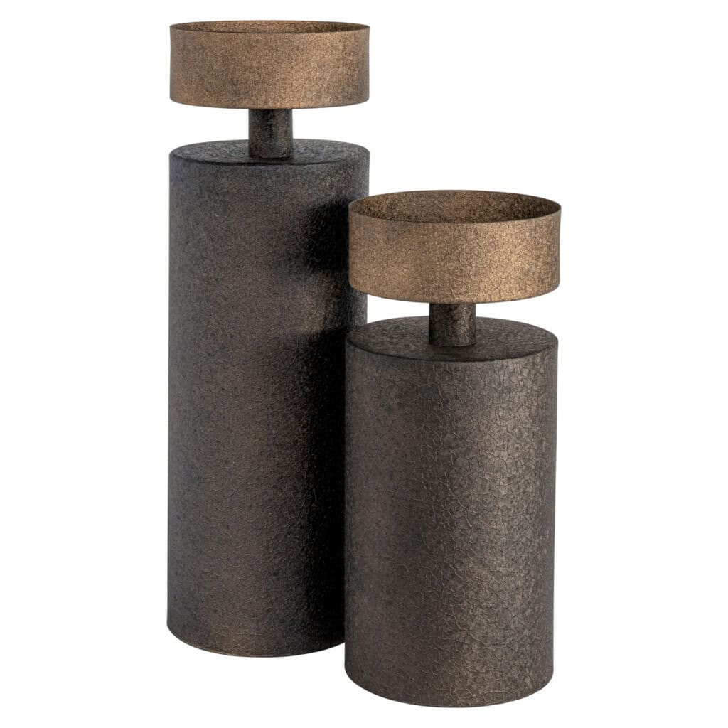 A set of modern decorative vases in black and brown, perfect for interior design.