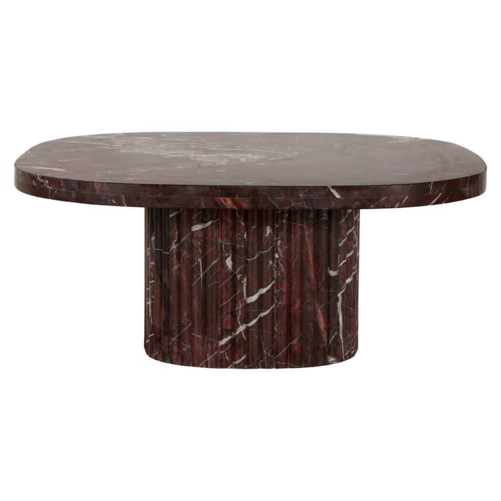 Round marble dining table with a dark marble finish and a sturdy base.
