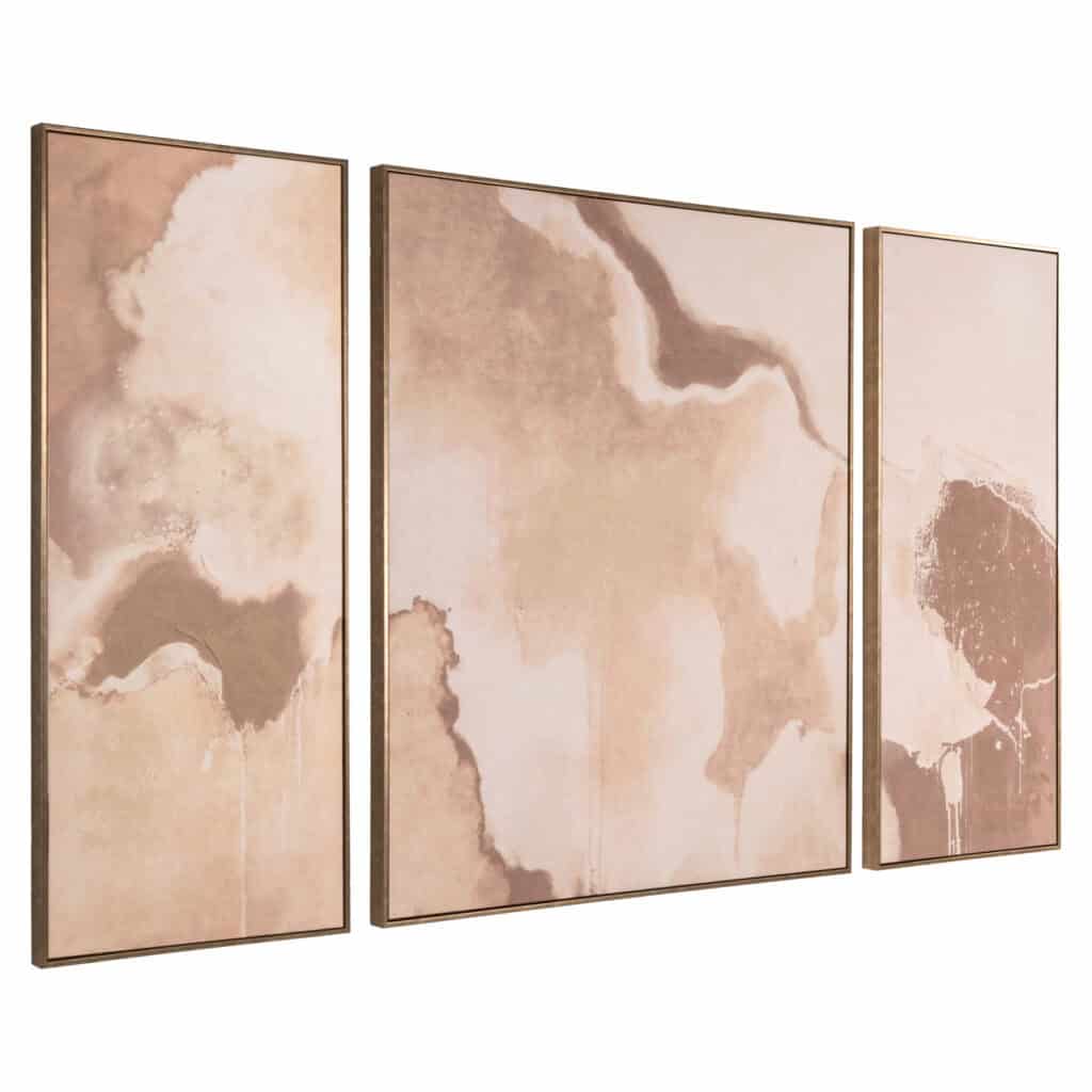 Abstract muurkunst triptychon in neutrale tinten voor interieurdecoratie.