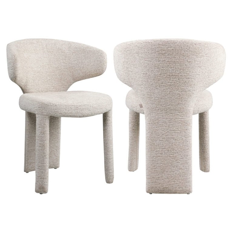 Comfortabele beige gestoffeerde eetkamerstoelen met unieke ronde rugleuning.